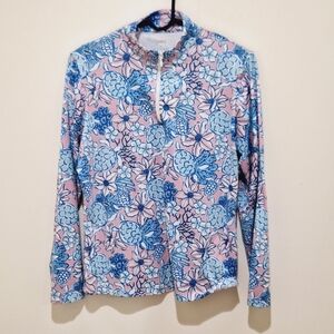 💟Gottex long sleeve pullover 1/4 zip golf top blue & pink floral print *MED